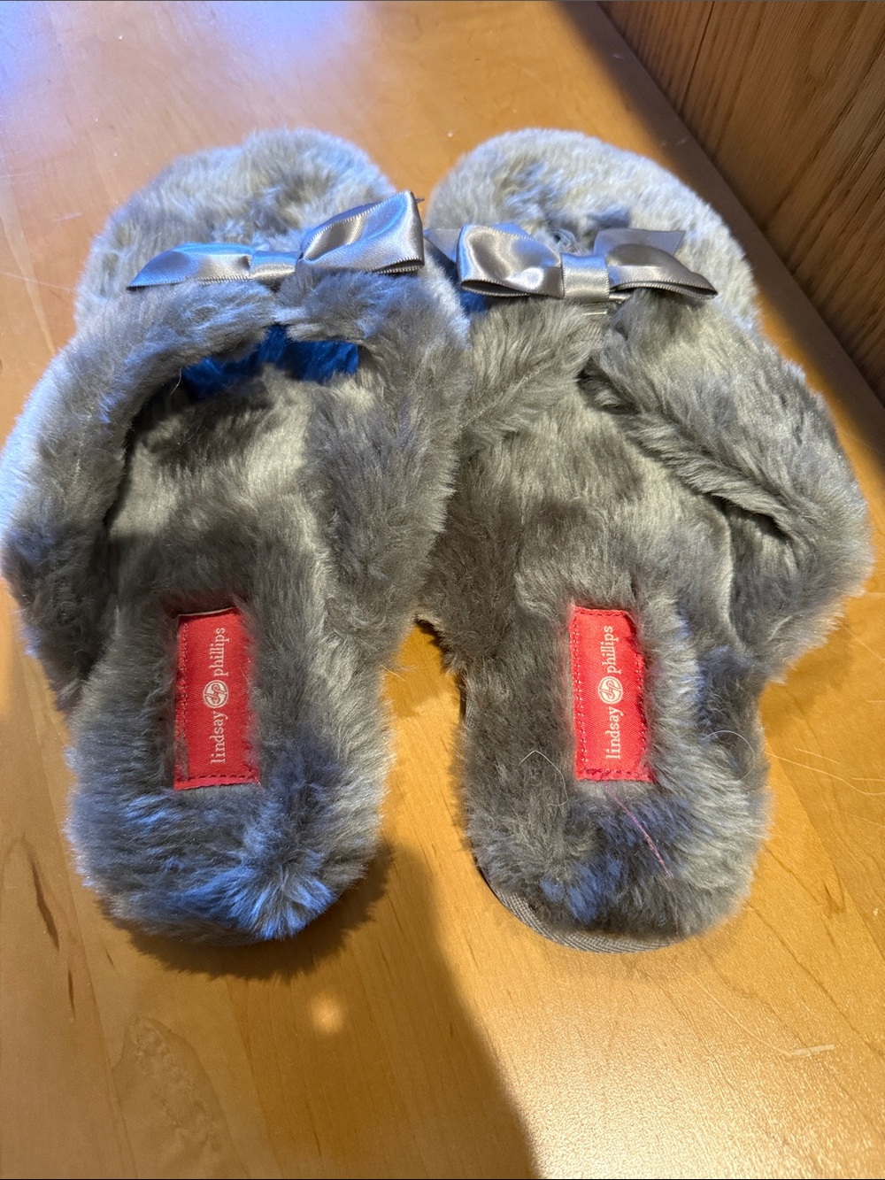 lindsay phillips Gray Faux-Fur Bow Slide Slippers